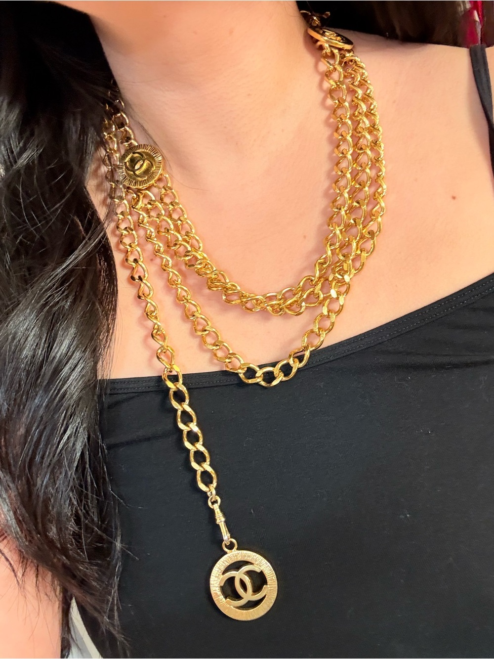 Chanel Gold Layered Chain Belt with Interlocking CC Circle Pendants